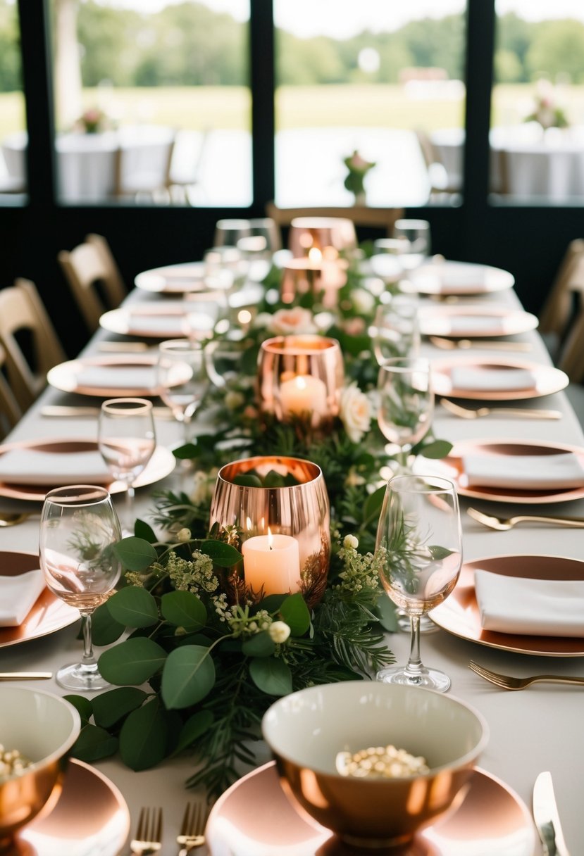 A wedding table adorned with rose gold accents and lush greenery