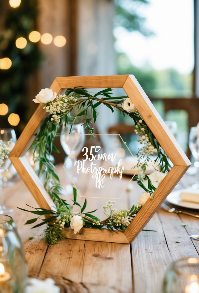 A wooden hexagon frame sits on a rustic wedding table, adorned with delicate flowers and greenery