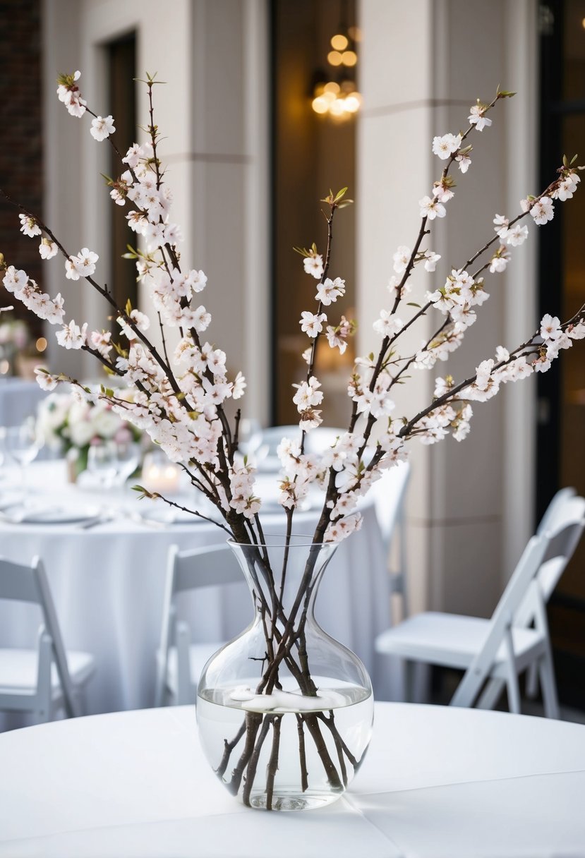 A clear glass vase filled with delicate cherry blossom branches sits atop a white table, serving as an elegant and romantic wedding entrance decoration