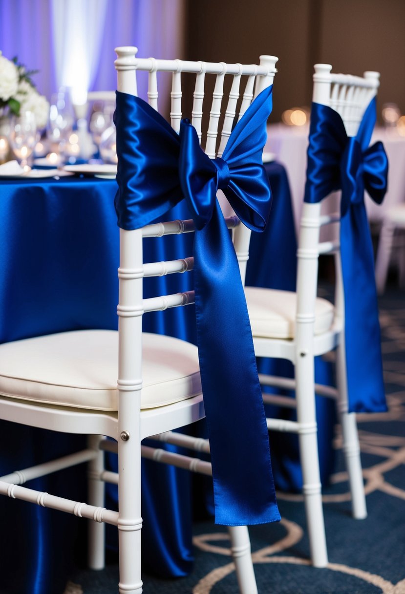 Royal blue satin chair sashes neatly tied around white chiavari chairs at a wedding reception