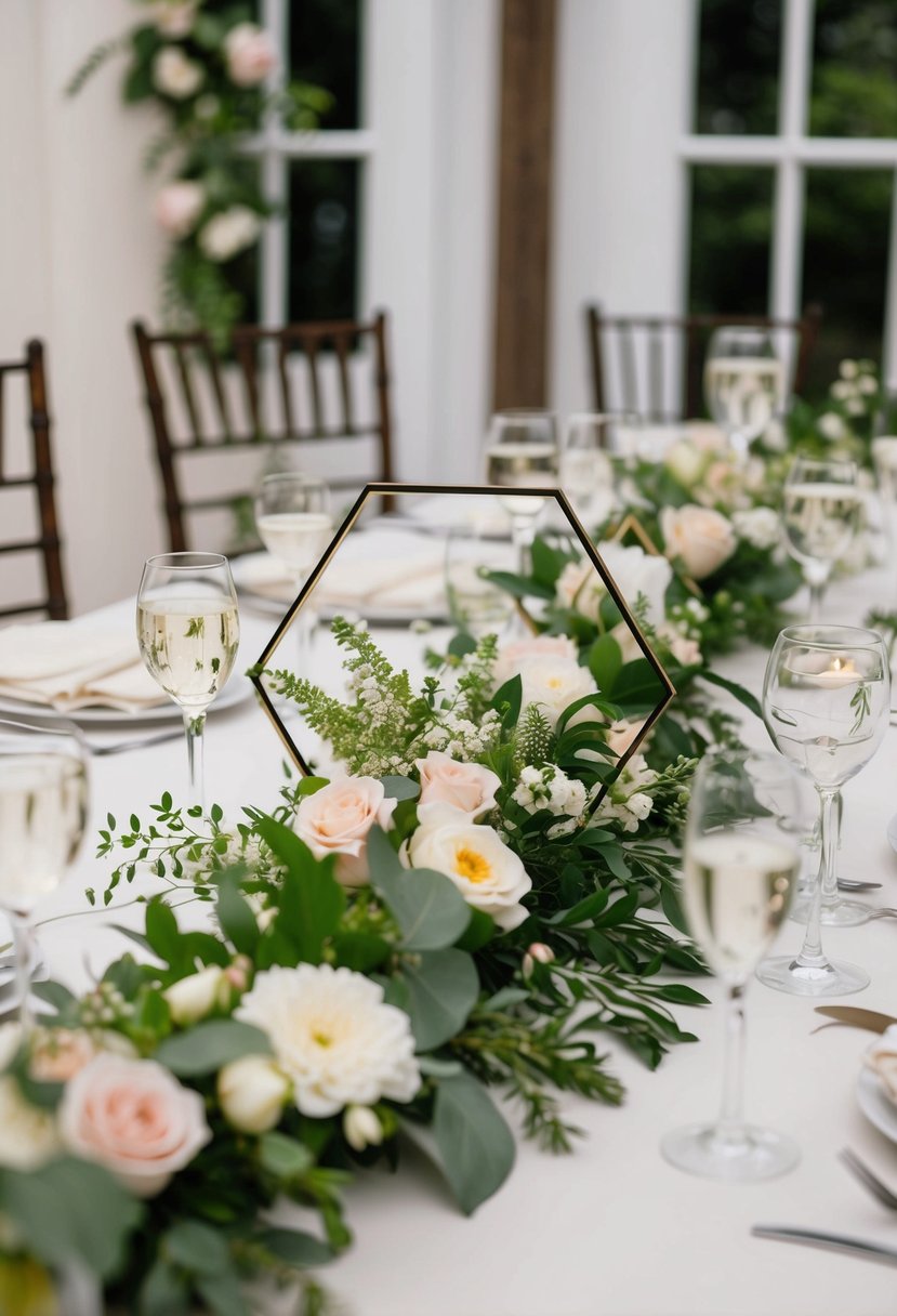 A hexagon-shaped floral garland adorns a wedding table, with delicate blooms and greenery creating an elegant and romantic centerpiece