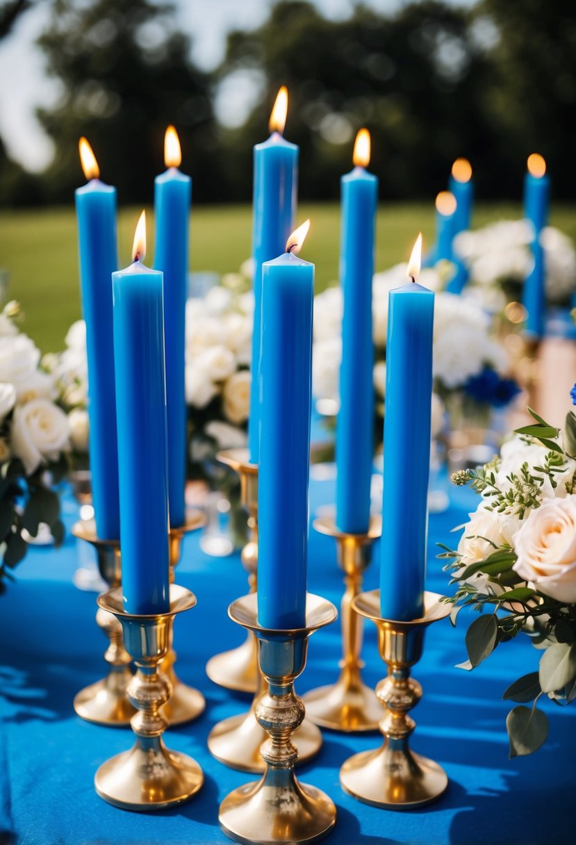 Blue taper candles in gold holders arranged on a blue wedding table with floral centerpieces