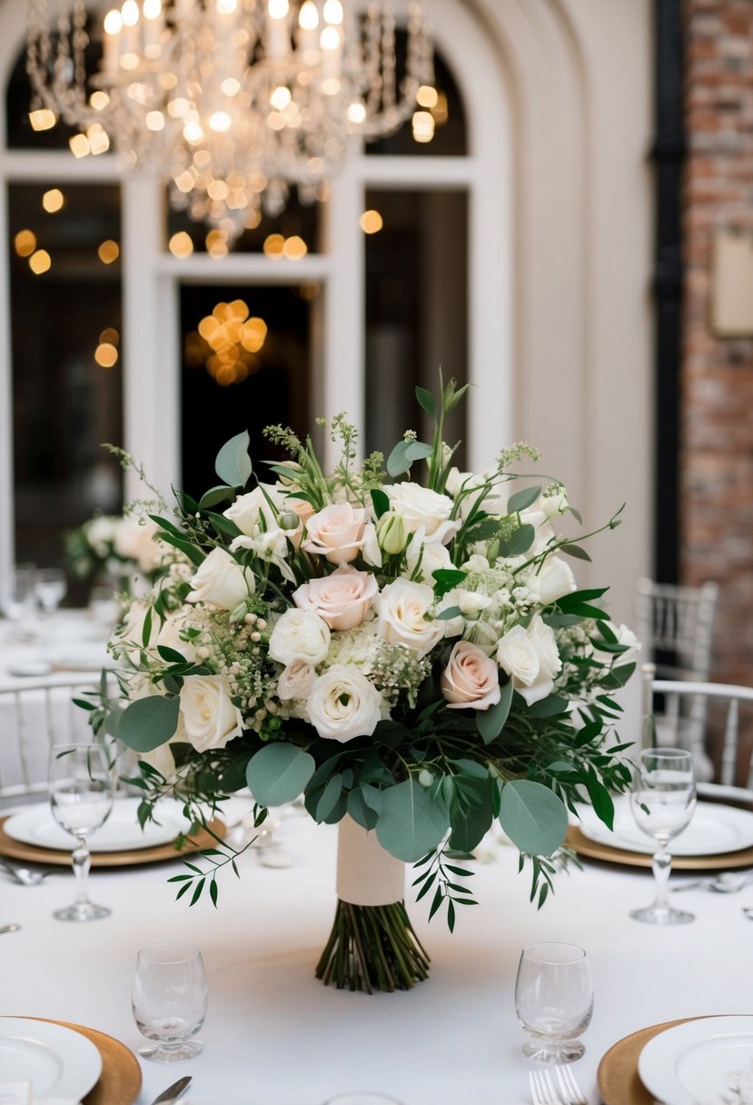 A repurposed bridal bouquet centerpiece adorns a wedding table, creating an elegant and romantic entrance decoration