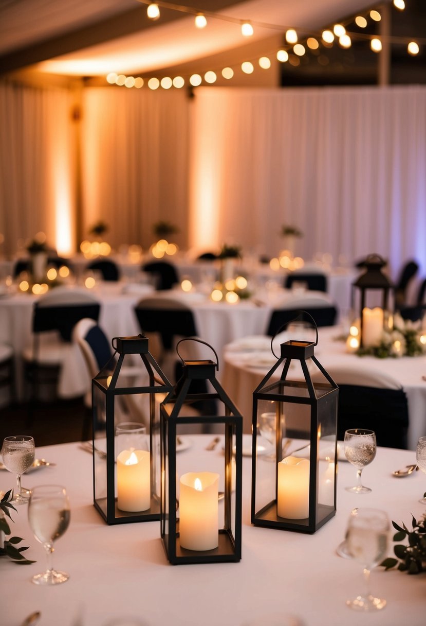 Metal hexagon lanterns arranged on a wedding reception table, casting warm light and creating an elegant and romantic atmosphere