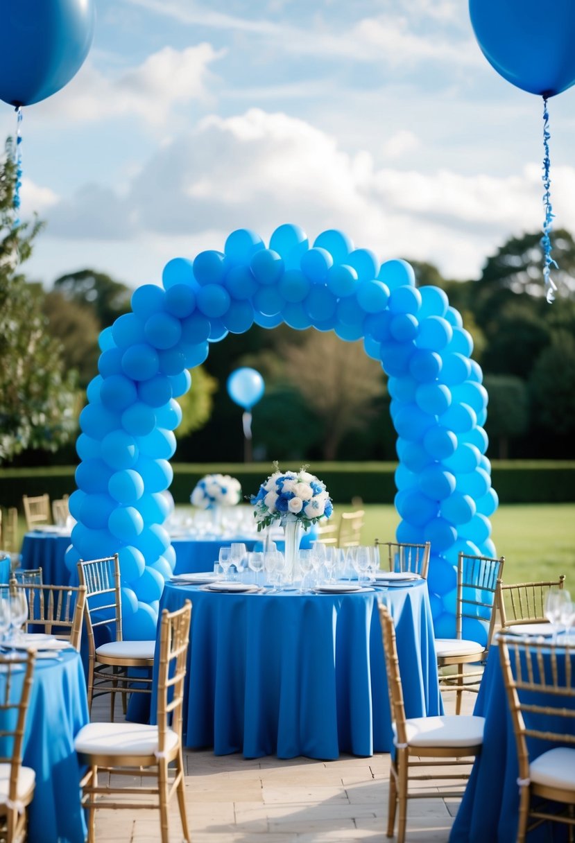 A grand azure balloon arch frames a wedding table, adding a touch of elegance to the blue-themed decor