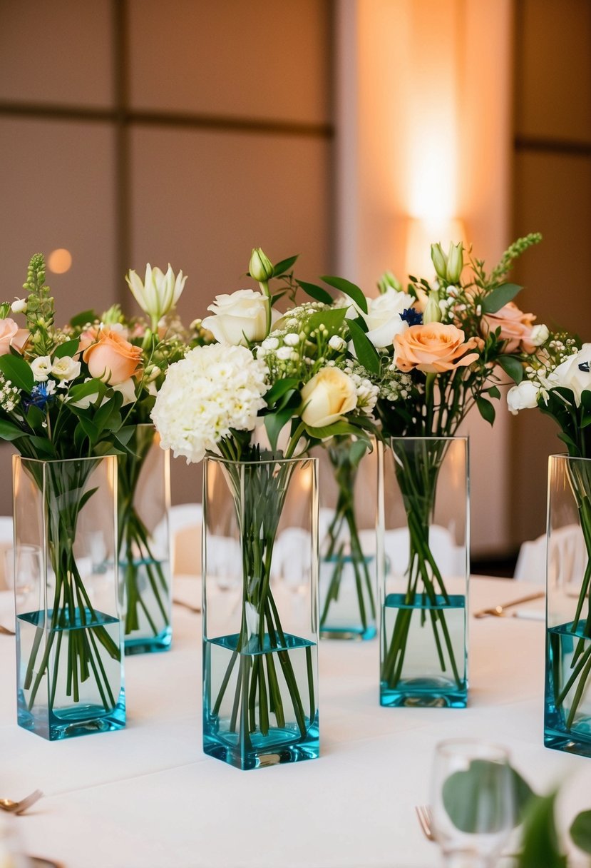 Several glass hexagon vases filled with flowers arranged on a wedding reception table