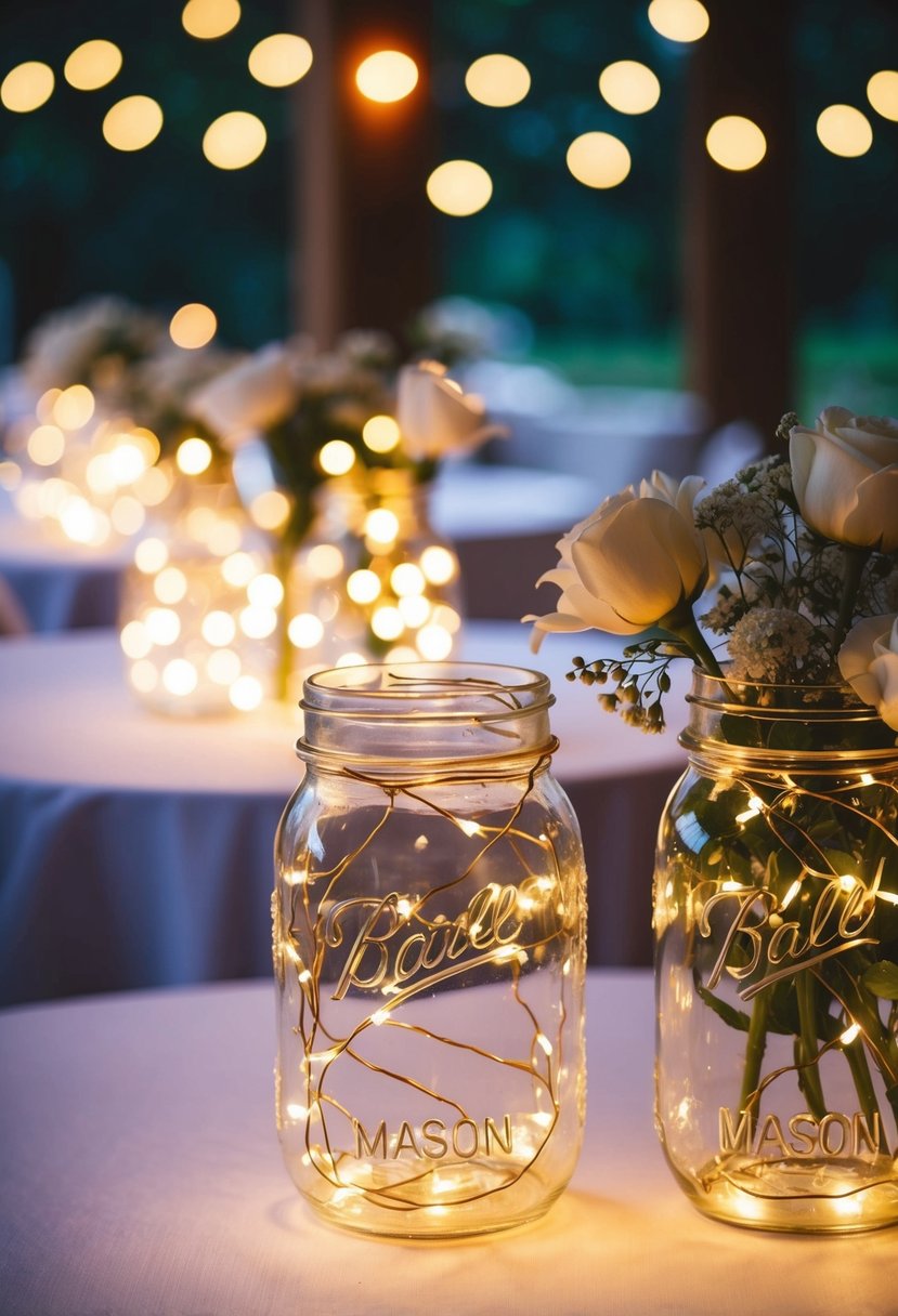 Mason jars filled with fairy lights illuminate a wedding table, creating a romantic and enchanting atmosphere