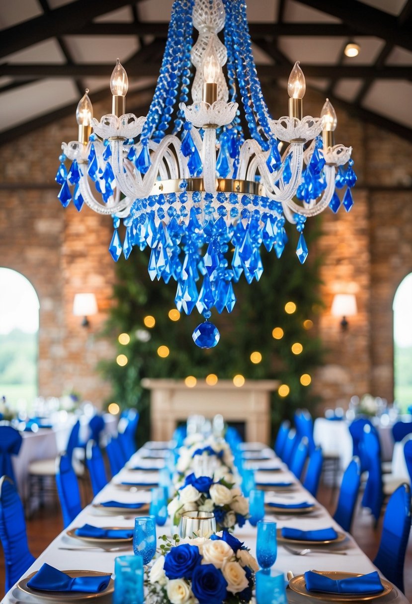 A sparkling blue crystal chandelier hangs above a table adorned with blue wedding decorations