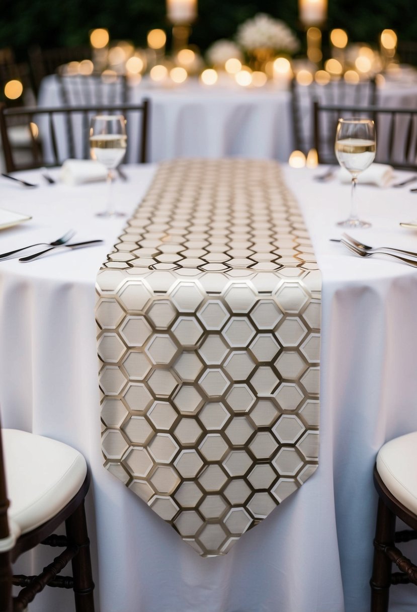 A hexagon patterned table runner drapes elegantly across a wedding reception table, adding a touch of modern sophistication to the decor