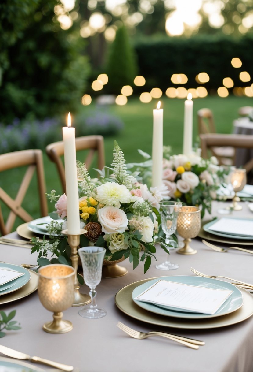 A garden-inspired table setting with floral centerpieces, elegant tableware, and soft candlelight