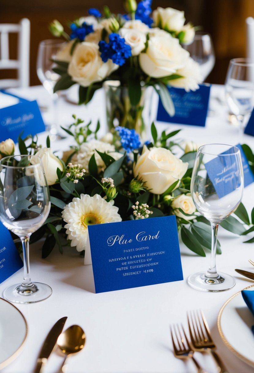 Blue place cards arranged on a table with floral centerpieces and elegant tableware for a wedding reception