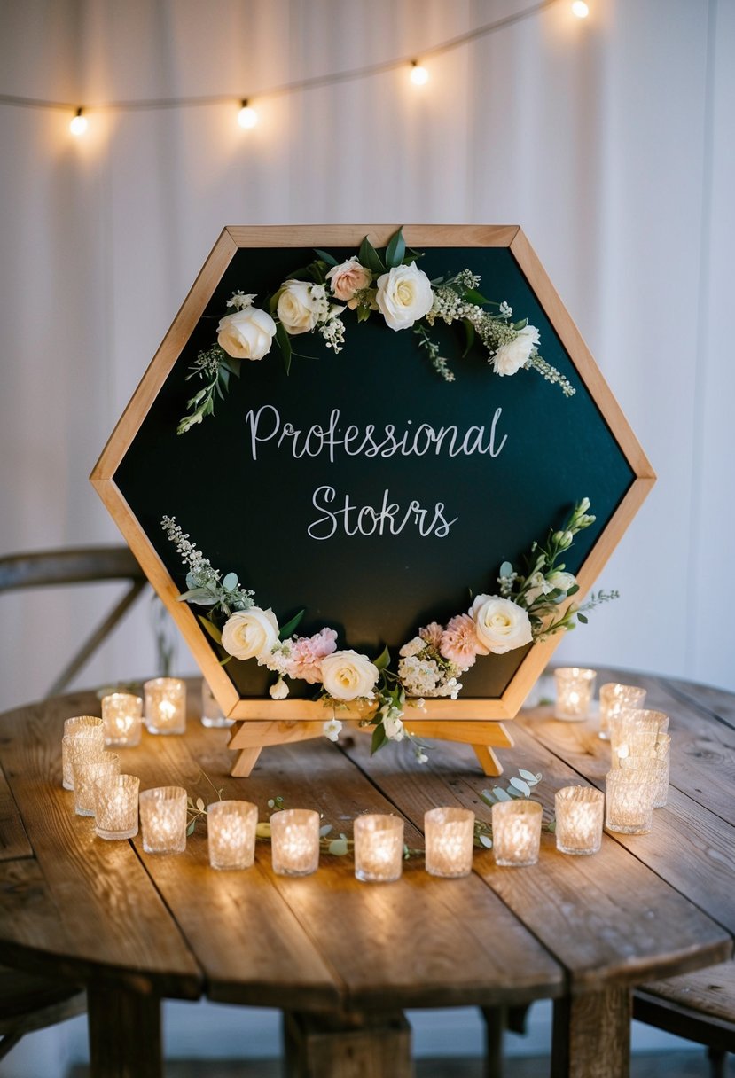 A hexagonal chalkboard sign stands on a rustic wooden table, adorned with delicate floral arrangements and surrounded by twinkling tea lights