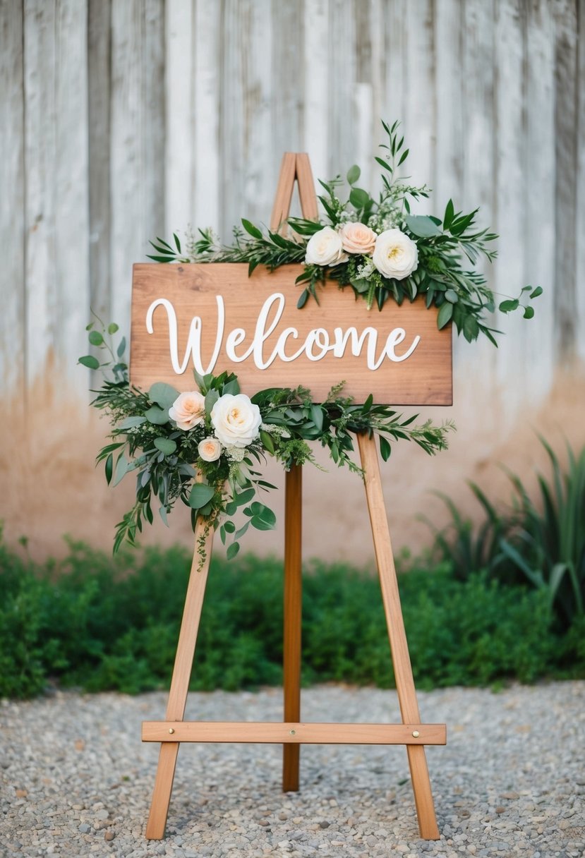 A wooden welcome sign stands adorned with flowers and greenery, set against a rustic backdrop