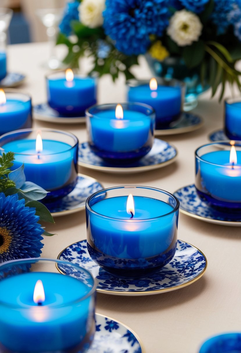 Blue floating candle bowls arranged on a table with blue floral and decor accents