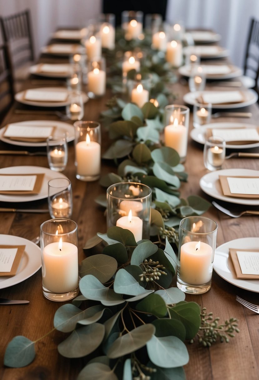 Eucalyptus garland drapes across a wooden table, adorned with floating candles in glass vases, creating a romantic and elegant wedding reception centerpiece