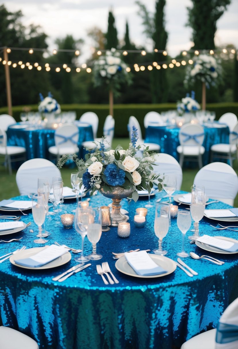 A round table with a sapphire sequin tablecloth, adorned with blue and silver wedding decorations, including floral centerpieces and elegant place settings