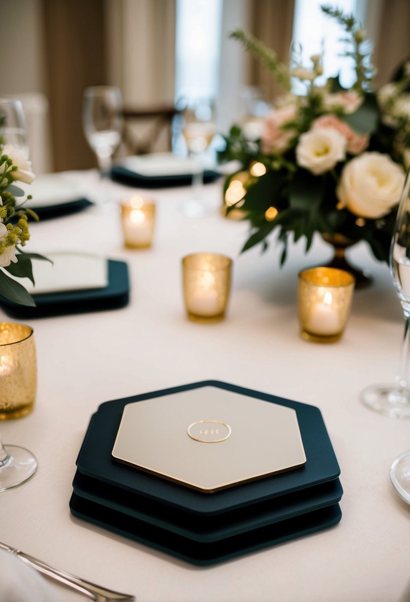 A hexagon coaster set arranged on a wedding table, with elegant decor and floral accents