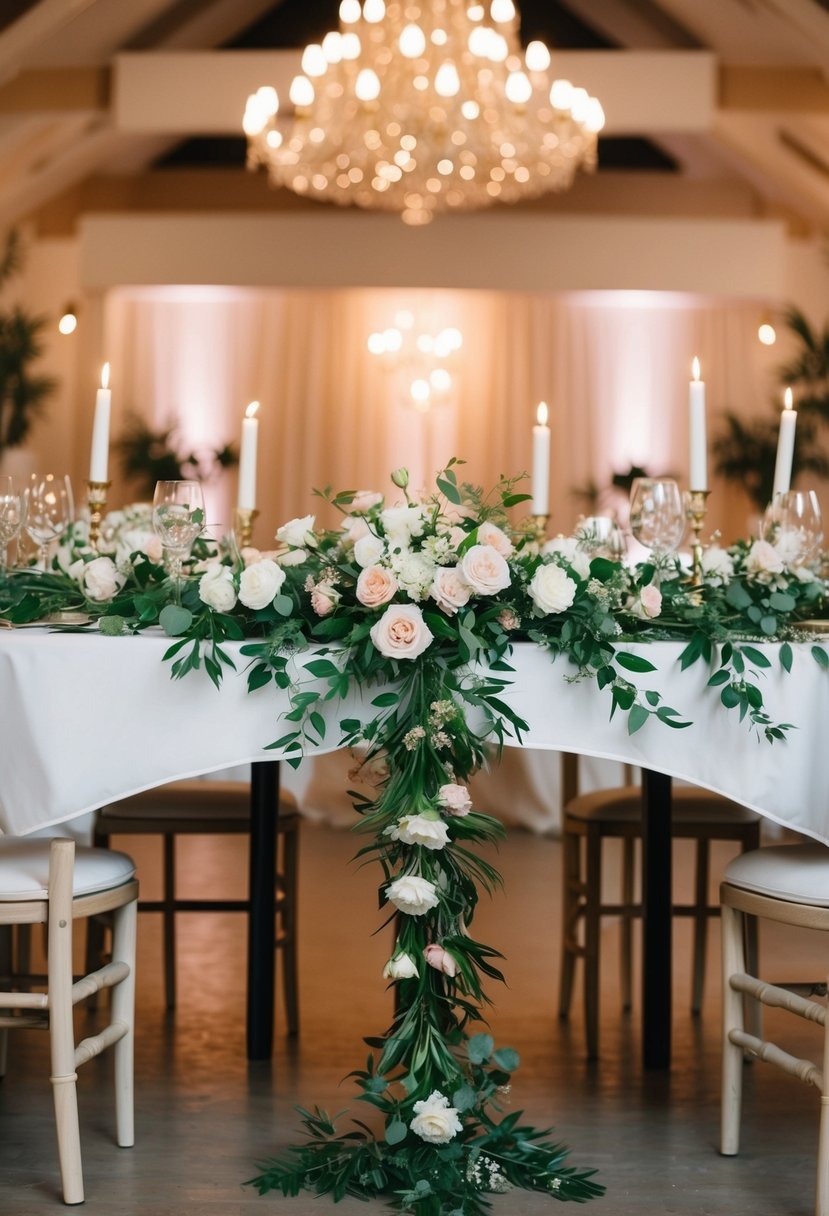 A table adorned with lush floral garlands, bathed in soft, romantic lighting