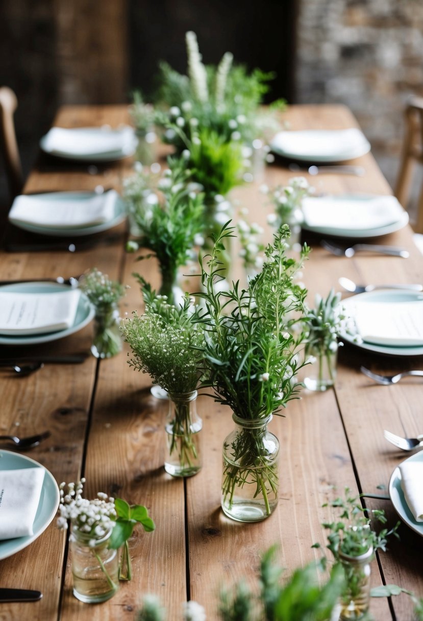 A rustic wooden table adorned with fresh green herbs and delicate wildflowers in small vases, creating a charming and natural wedding centerpiece