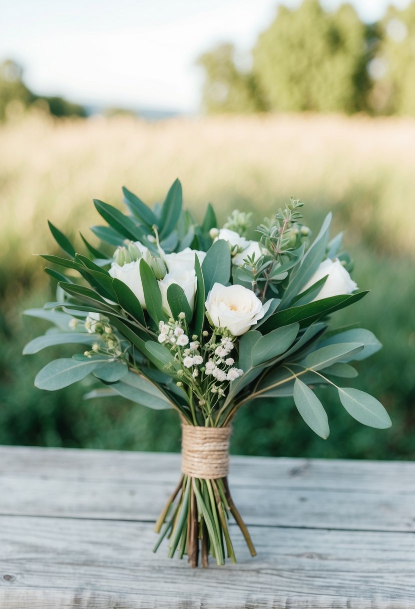 A rustic wedding bouquet featuring olive leaves, eucalyptus, and small white flowers