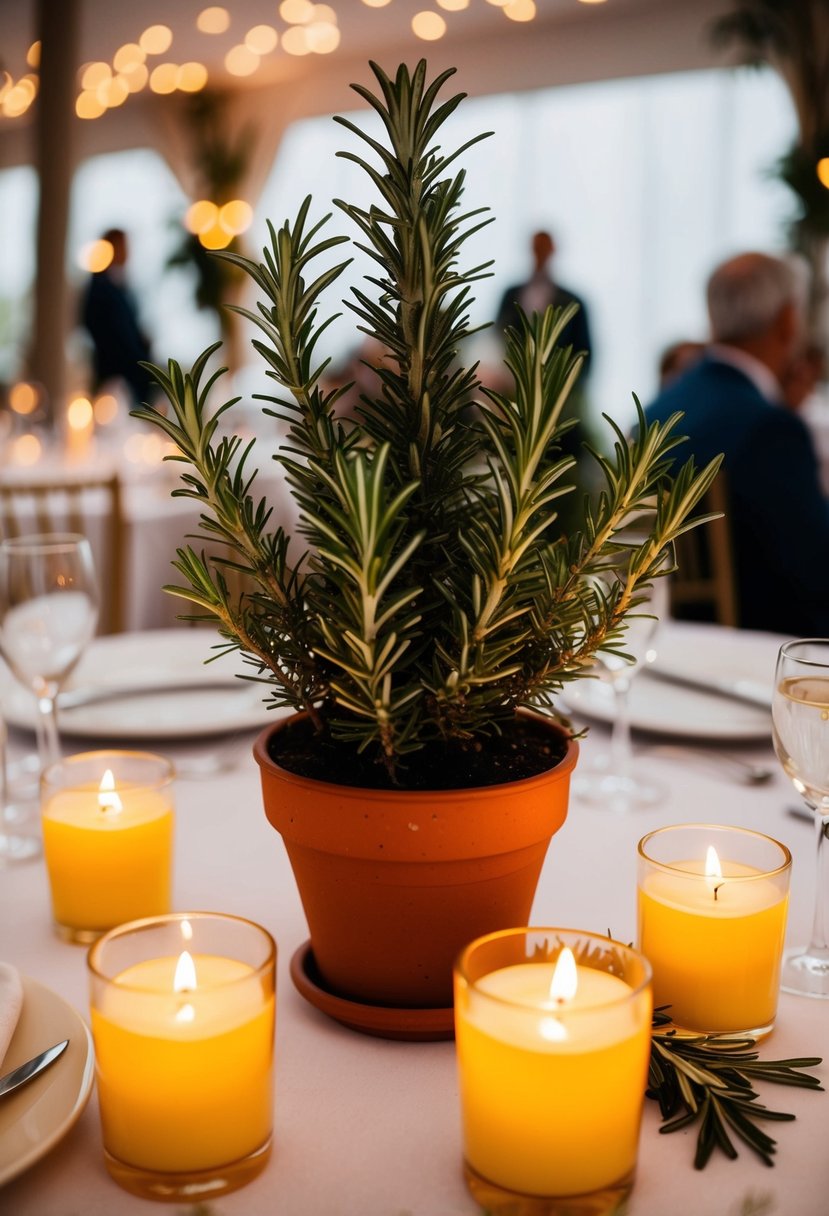 A potted rosemary plant surrounded by flickering candles on a wedding table