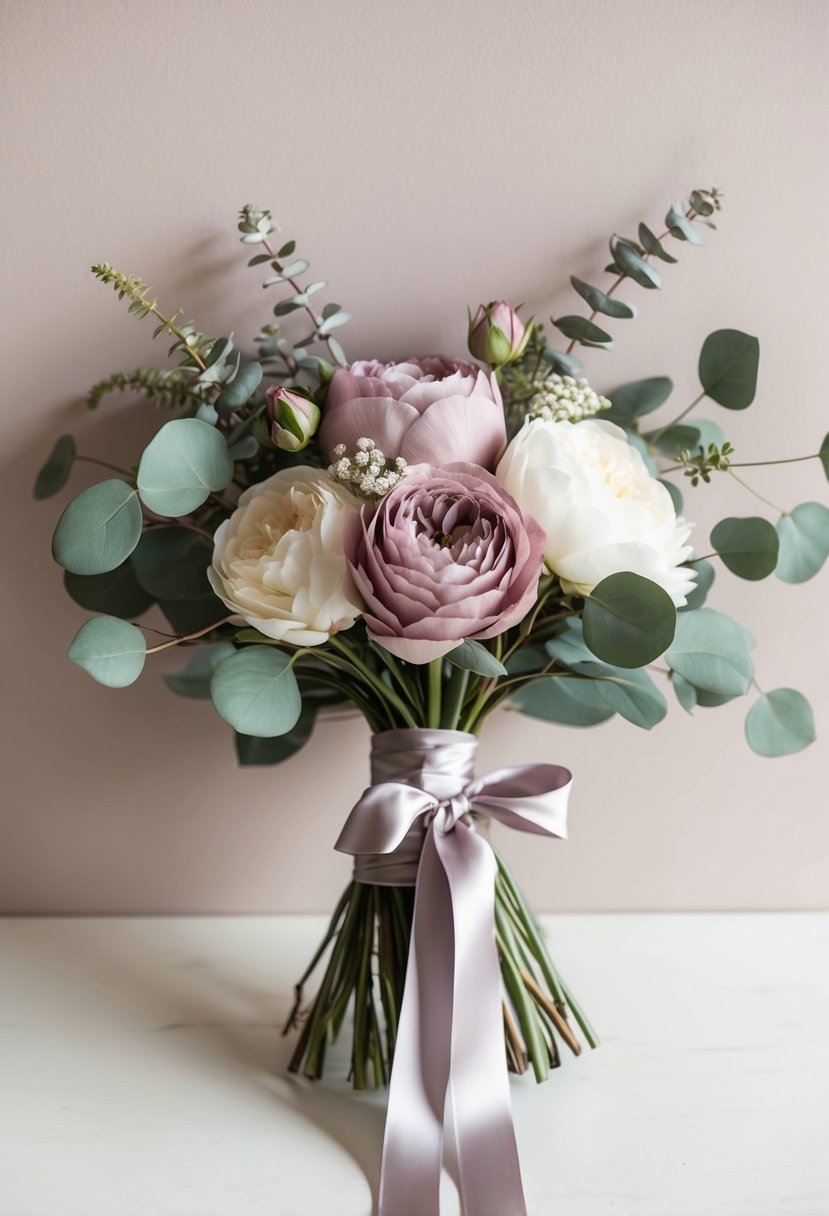 A delicate mauve wedding bouquet of roses, peonies, and eucalyptus, tied with a satin ribbon