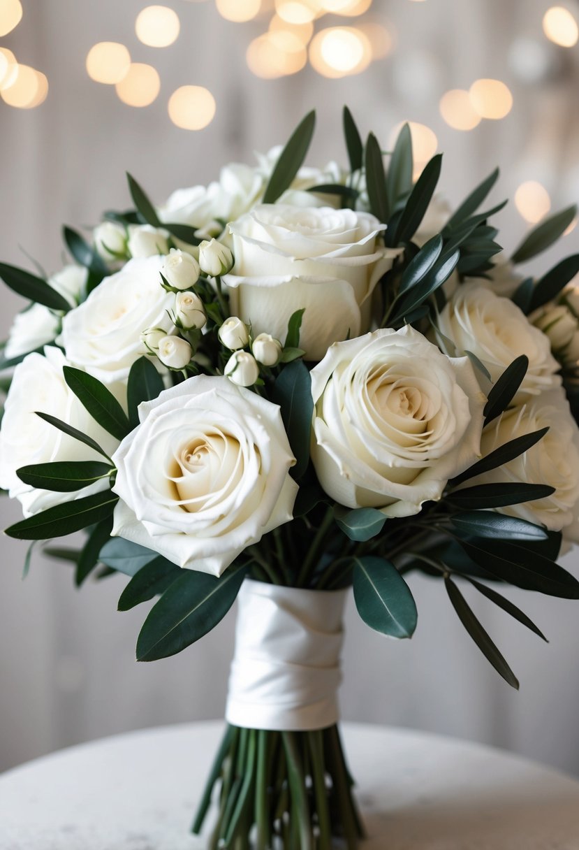 A wedding bouquet featuring white roses and olive leaves, arranged in a classic and elegant style