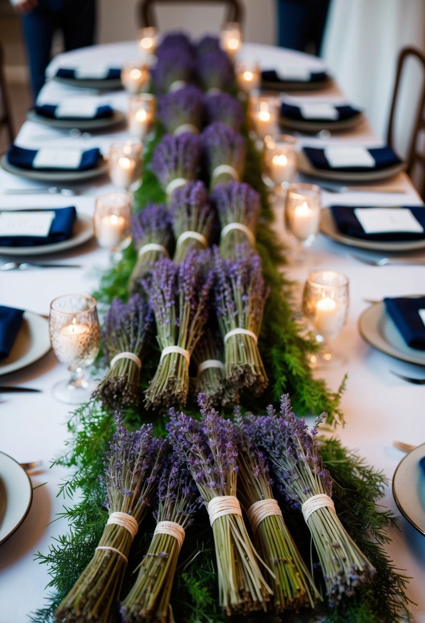 A table adorned with lavender bundles, creating a chic and fragrant herb wedding decoration