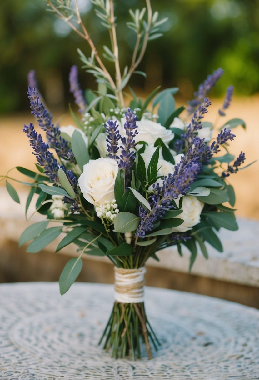 A rustic wedding bouquet with intertwined olive branches and fragrant lavender