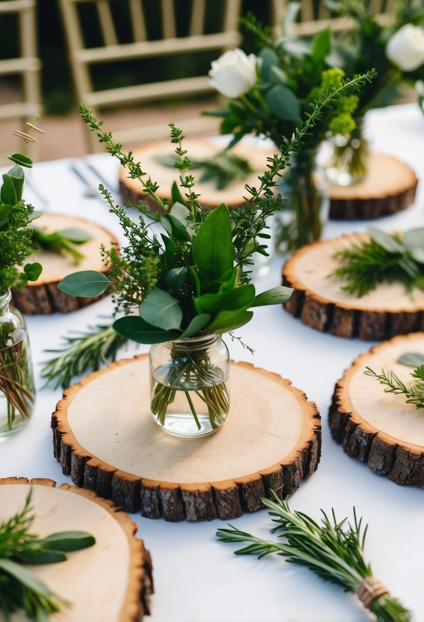 Rustic wood slices adorned with fresh greenery and herbs, arranged as wedding table decorations