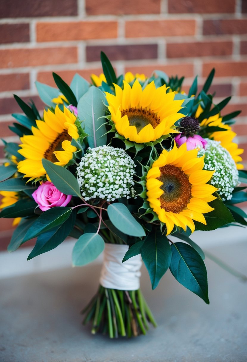 A vibrant wedding bouquet featuring sunflowers and olive leaves, creating a striking contrast of colors and textures