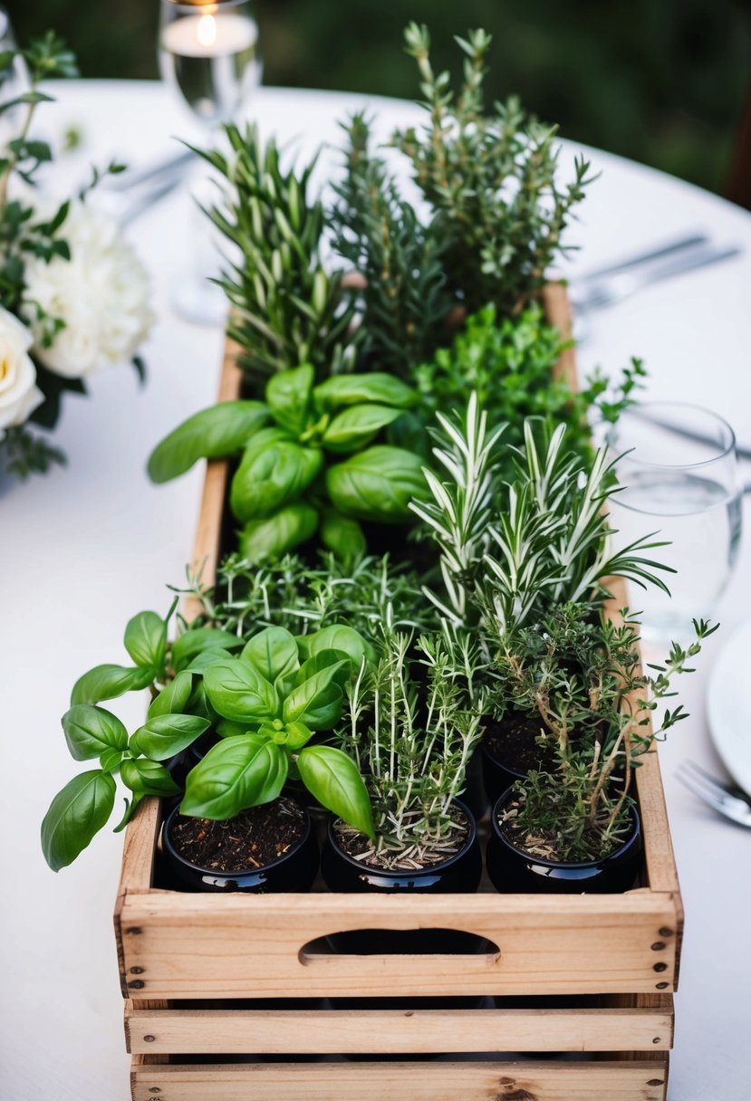 A wooden crate filled with a variety of aromatic herbs, such as basil, rosemary, and thyme, serves as a centerpiece for a wedding table