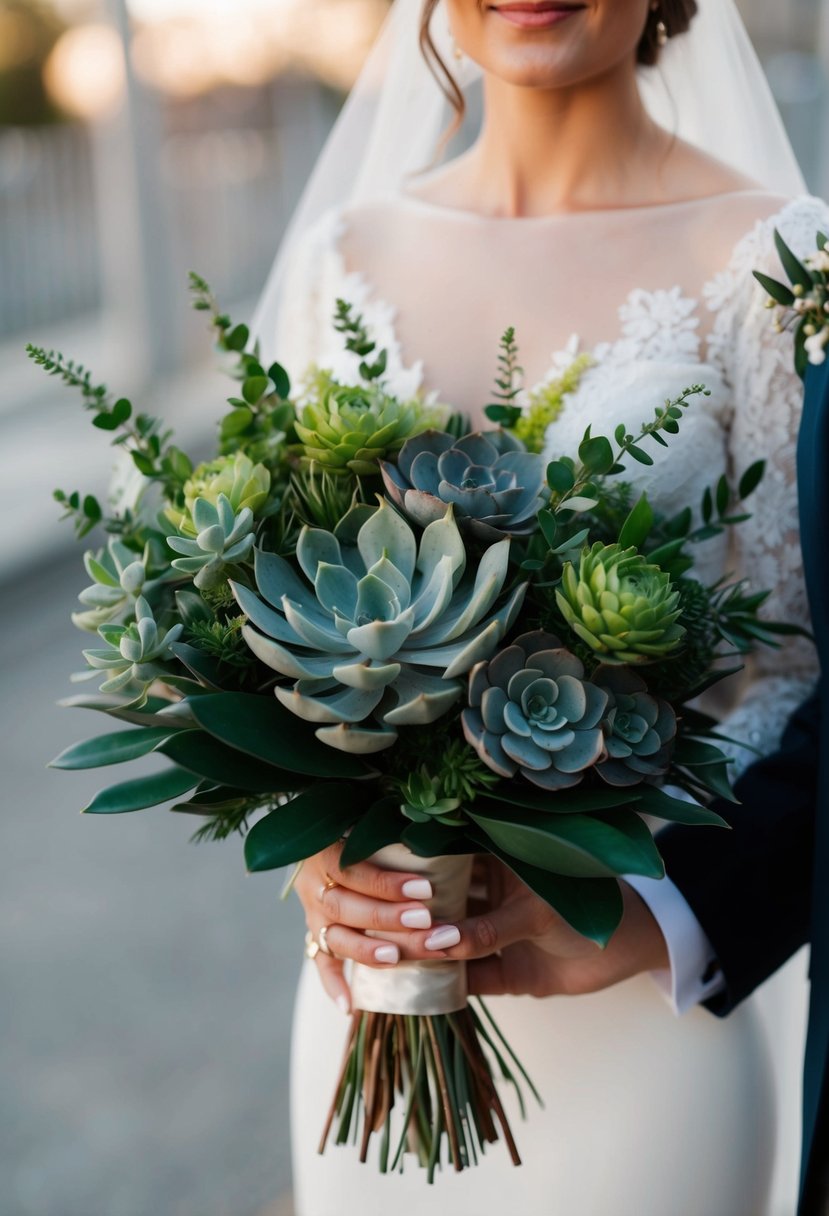 A modern wedding bouquet featuring olive greenery and succulents