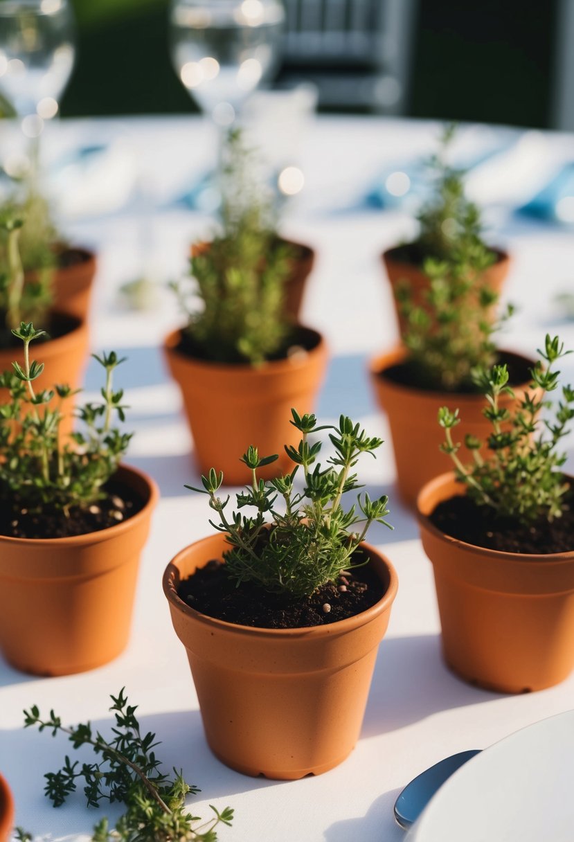 Small decorative pots of thyme arranged on a wedding table, creating a natural and aromatic herb decoration