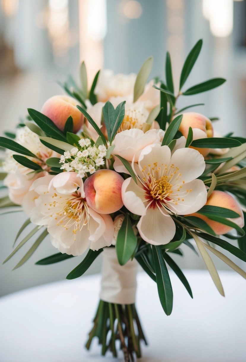 Peach blossoms intertwined with olive leaves in a wedding bouquet