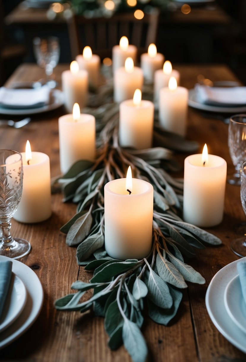 Sage and votive candles arranged on a rustic wooden table for a wedding centerpiece