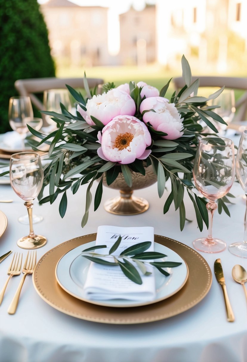 A table set for a romantic dinner, adorned with olive leaves and pink peonies in a delicate wedding bouquet