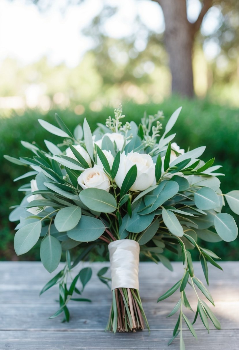 A bridal bouquet featuring olive leaves and eucalyptus, with delicate sprigs cascading from the arrangement