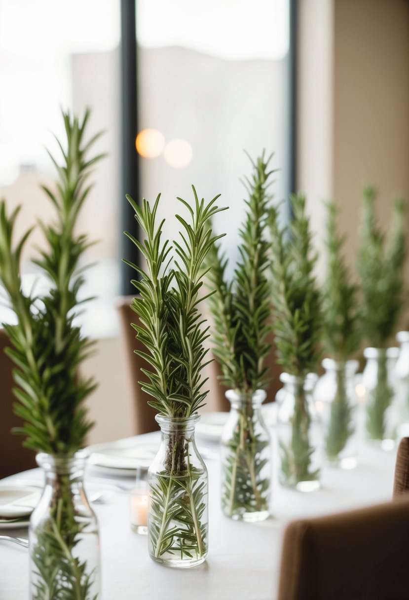 Sprigs of rosemary arranged in small vases on each guest's table