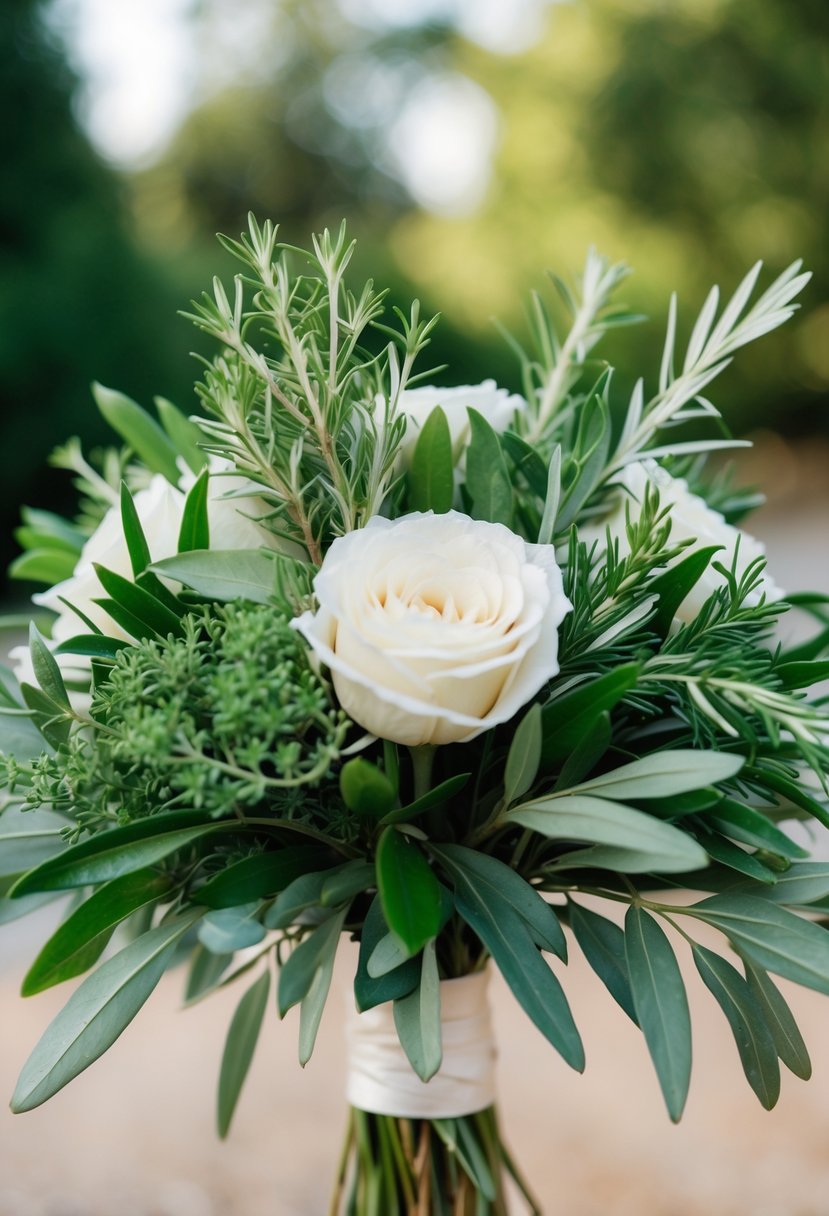 A wedding bouquet featuring olive leaves intertwined with fragrant herbs, creating a natural and elegant arrangement