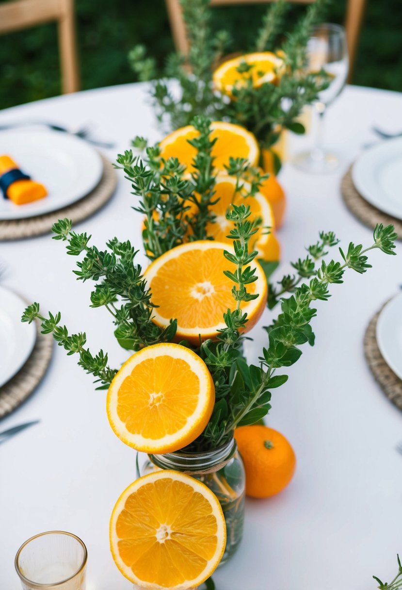 Fresh oregano sprigs with vibrant citrus slices arranged in a centerpiece on a wedding table