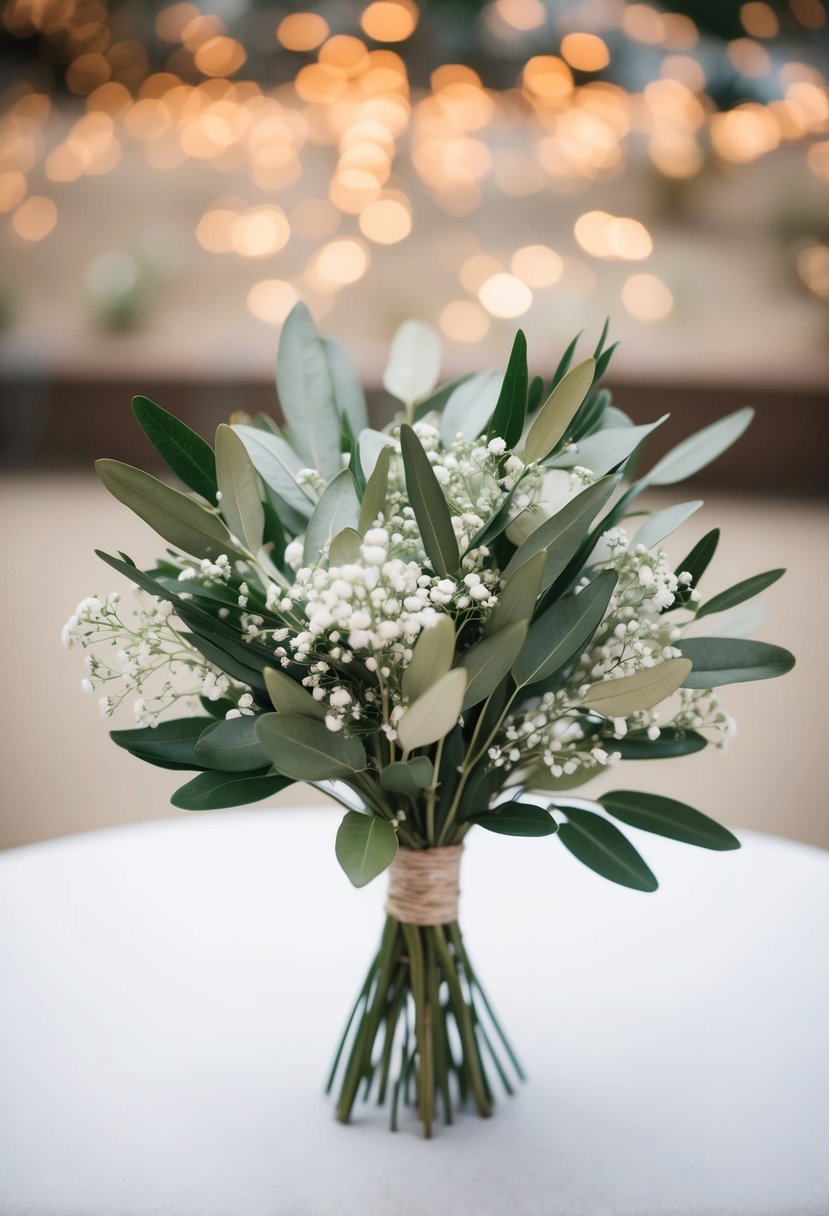 A simple bouquet of olive leaves and baby's breath