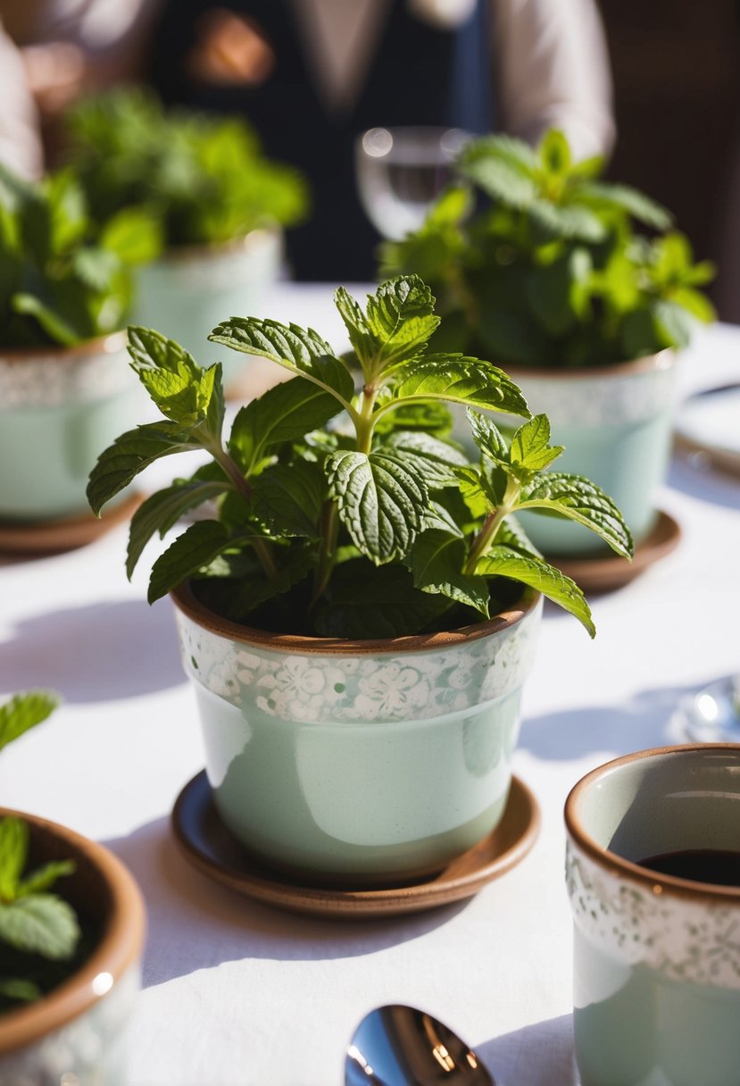 Fresh mint in ceramic pots adorn wedding tables