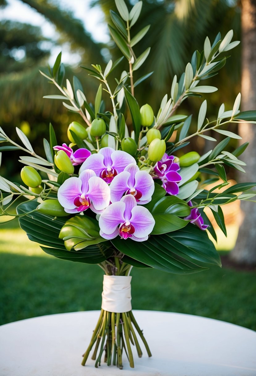 Olive branches intertwined with vibrant orchids in a lush, tropical wedding bouquet