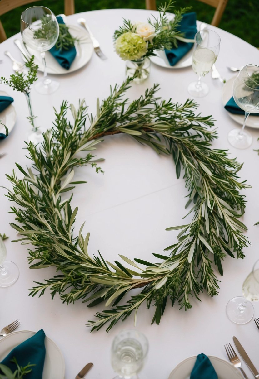 A circular olive branch wreath sits at the center of a wedding table, adorned with fresh herbs and serving as a natural and elegant centerpiece