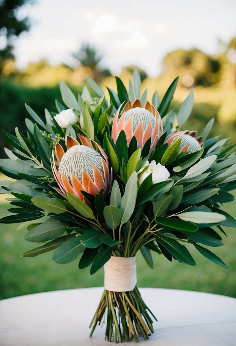 A lush bouquet of olive leaves and protea flowers, creating an exotic and elegant wedding bouquet