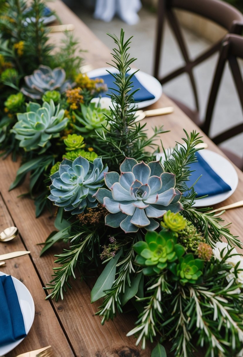 A rustic wooden table adorned with a lush bouquet of fragrant rosemary and assorted succulents, creating a natural and elegant wedding centerpiece