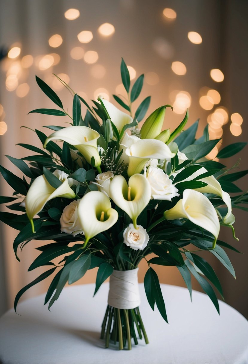 An elegant wedding bouquet featuring olive leaves and calla lilies