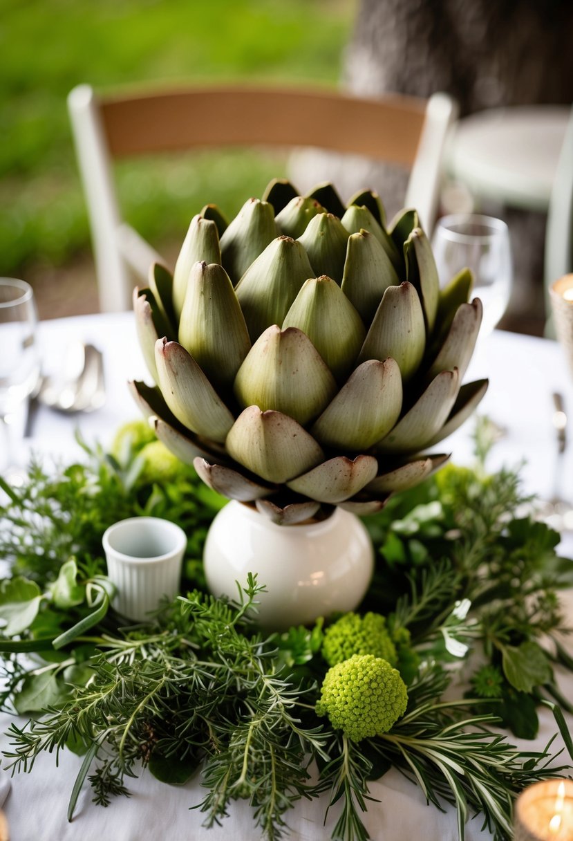 An artichoke and pin cushion centerpiece surrounded by herbs on a wedding table