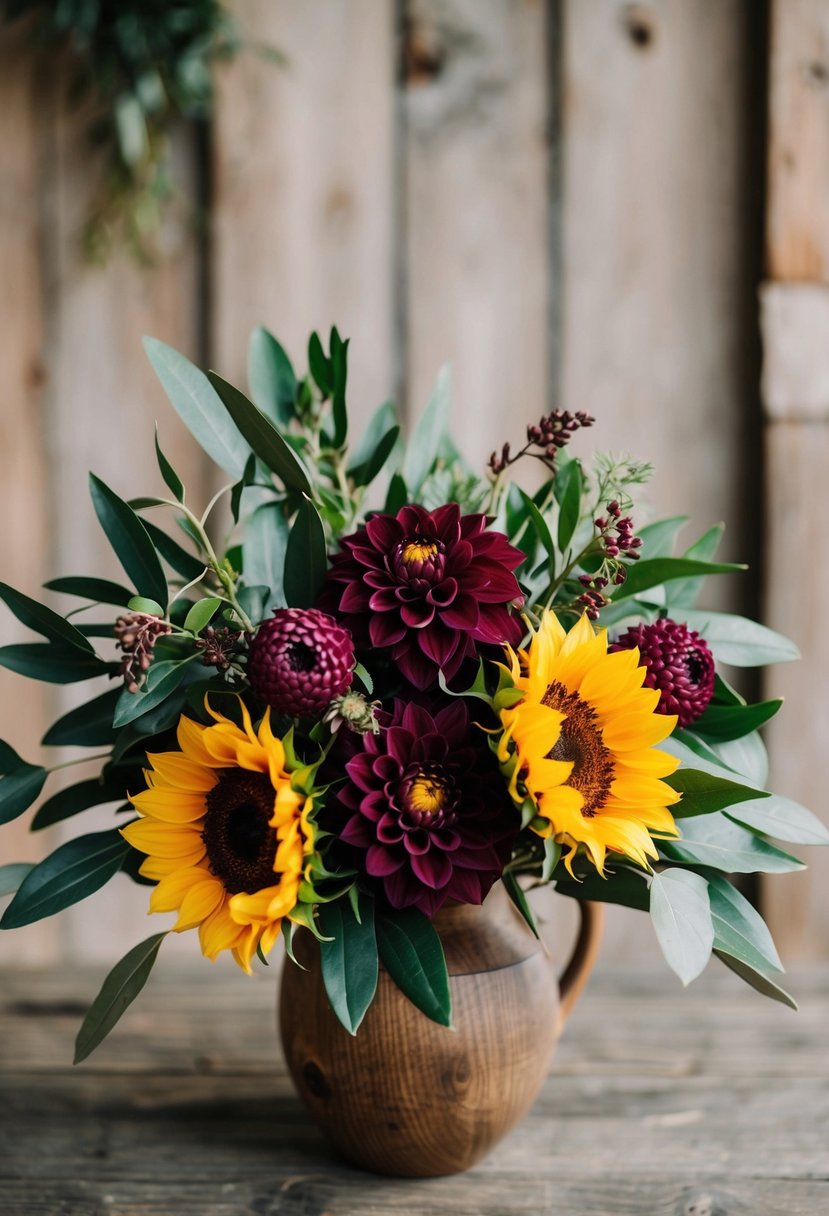 A rustic wedding bouquet with olive leaves, burgundy dahlias, and sunflowers in a wooden vase